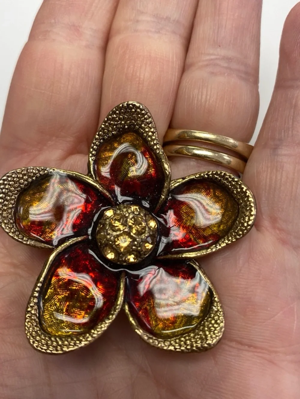 Floral Statement Brooch in Red and Gold